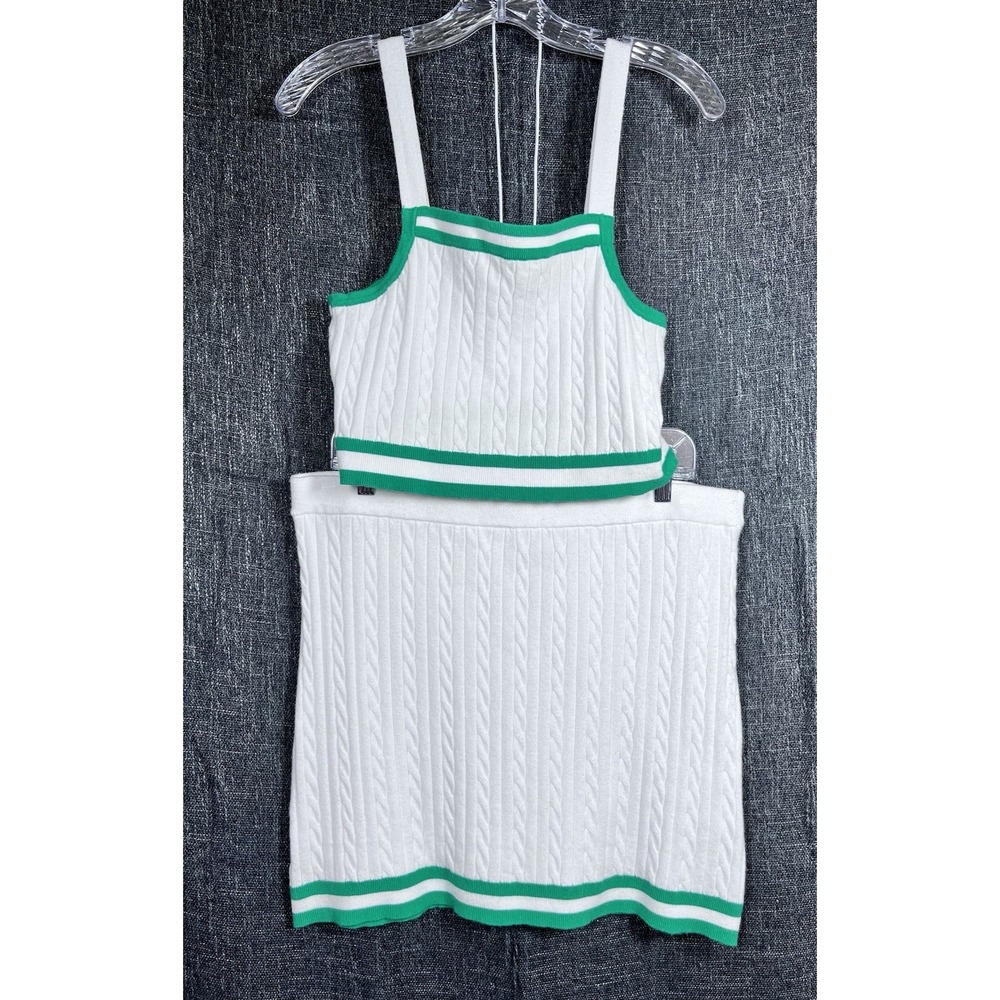 NWOT FRESHMAN 1996 Sz XL 2pc Set Skirt Crop Top White Green Cable Knit Varsity